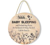 Baby Sleeping Sign for Front Door, Please Do Not Knock Or Ring The Bell Decorative Plaque, Round-Brown Wooden Hanging Sign with Rope, Funny Door Porch Decor for Baby Room Nursery, 12x12inch