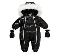 Baby Snowsuit Winter Fleece Lined Puffer Jacket Jumpsuit Infant Hooded Double Zipper Romper Girls Boys Warm Outwear Zipper Jumpsuit Hooded Dinosaur Puffer Vest (Black, 0-6 Months)