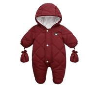 Baby Snowsuit Winter Footed Fleece Rompers Hoodie Coat Warm with Gloves Zipper Jumpsuit Outfits Red 12-18 Months