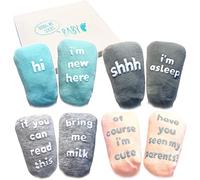 Baby Socks Gift Set - Unique Baby Shower or Newborn Gift - 4 Pairs of Cute Quotes in Gift Box, Various, 0 - 12 months