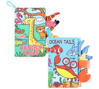 Baby Soft Cloth Book with Built-in Crinkle Paper & Rattle Box,2 Pack Washable Jungle Tails Sensory Toy Touch and Feel Book Newborn Toddlers Quiet Books Bath Gifts for 0-24 Months Boys Girls