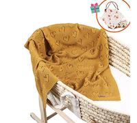 Baby Soft Knit Lovely Cotton Pure Blanket for Boys and Girls, Odot Toddler Warm Swaddle Sleeping Square Throw Blankets Knitted Patterns Pram Cot Bed Textured Sleep Blanket (Yellow,100 x 80 cm)