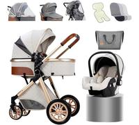 Baby Stroller 3 in 1 Toddler Pushchair Foldable Lightweight Ultra Compact Infant Prams with Fan Mommy Bag Rain Cover Footmuff Blanket Cooling Pad Mosquito Net for 0-3 Years Old A