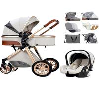 Baby Stroller Travel System Portable Baby Standard Pram Baby Carriage Folding Baby Pushchair Aluminium Frame High View Buggy with Cooling Pad Rain Cover Footmuff (Color: White) White