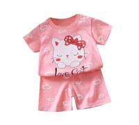 Baby Summer Outfits Newborn Cute Animals T Shirts Shorts Set 2 Piece Short Sleeve Dinosaur Cat Bunny Panda Print Toddler Boys Girls First Birthday Outfits Cotton (Pink, 12-18 Months)