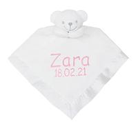 Baby Super Soft Personalised Name & Date Comforter Blanket with 3D Teddy Bear (White & Pink)