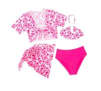 Baby Swimming Costume - Girls 4 Piece Heart Print Bikini Set With Mesh Cover Up Skirt For Summer Beach Pool Party