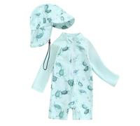 Baby Swimming Costume One Piece Boy UV Swimsuit Half Zipper Long Sleeve Swim Suit UPF 50+ Sun Protection Toddler Rash Guard All In One Swimwear with Sun Hat Newborn Bathing Suit Marine Animal Print
