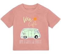 Baby T-Shirt 0-36 Months with Print T-Shirt with Saying Van Life, Campsite, Home is Where We Park It Gift for Small Campers Short Sleeve Organic Cotton, Dusty pink, 12-18 Months