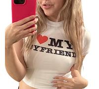 Baby T-Shirts for Women Graphic Y2k Crop Tops Short Sleeve T-Shirt I Love My Boy Friend Letter Print Aesthetic Clothing for Teenage Girls, White, S