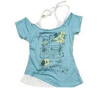 Baby Tee Y2k Women Grunge Top Emo 2000s Vintage Fake Two Piece Short Sleeve T Shirt Crop Tops Teens, Baby Blue, S