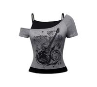 Baby Tee Y2k Women Grunge Top Emo 2000s Vintage Fake Two Piece Short Sleeve T Shirt Crop Tops Teens, Guitar Black, S