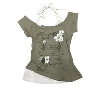 Baby Tee Y2k Women Grunge Top Emo 2000s Vintage Fake Two Piece Short Sleeve T Shirt Crop Tops Teens, Green, S