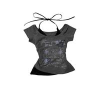 Baby Tee Y2k Women Grunge Top Emo 2000s Vintage Fake Two Piece Short Sleeve T Shirt Crop Tops Teens, Black Grey, S