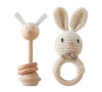 Baby Teether, 2pcs Wooden Rattles Set for Babies Toy Wooden Teething Rattle Animal Shaped Teething Rings Montessori Educational Toys for Boys Girls