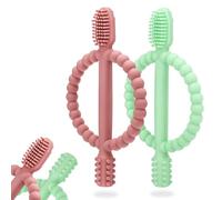 Baby Teething Toys with Easy-Hold Handle, Silicone Infant Toothbrush, Textured On Both Sides Helps Massage, Soothe Sore Gums, Teething Toys for Babies 0-6 Months, 6-12 Months Bright Green & Caramel