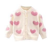 Baby Toddler Girl Cardigan Warm Sweater Heart Printed Long Sleeve Jumpers Coats Knit Cardigan Knitwear Knitted Jackets Knitted Clothes Aged 1-6 Years Beige