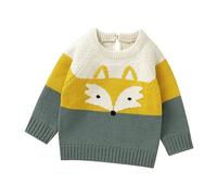 Baby Toddler Knitted Pullover Kids Girls Boys Cartoon Fox Print Graphic Color Block Patchwork Long Sleeve Cable Chunky Crew Neck Warm Cotton Acrylic Button Oversized Knit Jumper Casual Sweater