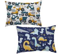 Baby Toddler Pillowcase, 2 Pack 100% Soft Cotton Cot Bed Pillow Pair Cases for Boys Girls Bedding, Kids Pillow Covers 40 x 60cm, Travel Small Pillow Pillowcase with Envelope Closure (Dinosaur+Tractor)