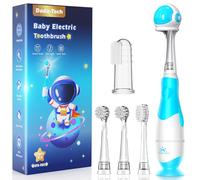Baby Toothbrush Electric Toddler & Kids Electric Toothbrush 0-2-3 Years Old with Infant Finger Tooth Brush, Cute Cover, LED Light, 2 Minutes Timer, 4 Brush Heads, Suction Cup (Blue Astronaut)