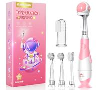 Baby Toothbrush Electric Toddler & Kids Electric Toothbrush 0-2-3 Years Old with Infant Finger Tooth Brush, Cute Cover, LED Light, 2 Minutes Timer, 4 Brush Heads, Suction Cup (Pink Astronaut)