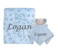 BABY TOWN Personalised Baby Comforter and Blanket Set Beautiful Keepsake Gift for Baby (Personalised Blue Elephant Comforter and Blue Personalised Elephant Patterned Blanket), Crib