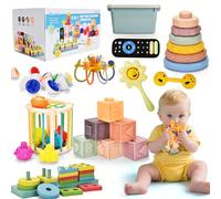 Baby Toys 6 to12 Months 9 in-1 Montessori Teething Trendy Toys Sorting Sensory Educational Learning Gift for Toddlers Aged 1-3,with Pull String Toy Stacking Baby Blocks& Remote & Soft Infant Ring