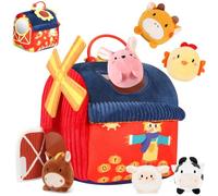 Baby Toys Sensory Plush Set ,Stuffed Farm Animals Bulk with Big Red Barn Montessori Toy for Babies 0-6-12 Months Tummy Time Toys and Baby Rattles for Fine Motor Skill Development 1-2 2-3 Year Gift