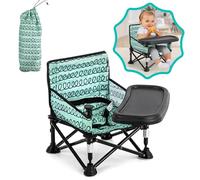 Baby Travel Booster Seat with Double Tray, Portable Toddler Beach Seat, Floor Seat for Dining Table, Stable Foldable Booster Seat for Indoor/Outdoor (Green)