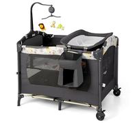 Baby Travel Cot, 4 in 1 Foldable Baby Bedside Sleeper with Bassinet Diaper Changer Mattress Carry Bag Toy Rack Music Box, Portable Crib Playard Pack and Play for Newborn Infant Toddler