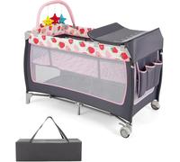 Baby Travel Cot, 4 in 1 Foldable Bedside Sleeper with Bassinet Diaper Changer Mattress Lockable Wheels 3 Hanging Toys Carry Bag, Crib Playard Pack and Play for Newborn Infant Toddler (Strawberry Pink)