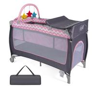 Baby Travel Cot, 4 in 1 Foldable Bedside Sleeper with Bassinet Diaper Changer Mattress Lockable Wheels 3 Hanging Toys Carry Bag, Crib Playard Pack and Play for Newborn Infant Toddler (Pink)