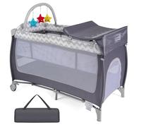 Baby Travel Cot, 4 in 1 Foldable Bedside Sleeper with Bassinet Diaper Changer Mattress Lockable Wheels 3 Hanging Toys Carry Bag, Crib Playard Pack and Play for Newborn Infant Toddler (Grey)