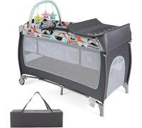 Baby Travel Cot, 4 in 1 Foldable Bedside Sleeper with Bassinet Diaper Changer Mattress Lockable Wheels 3 Hanging Toys Carry Bag, Crib Playard Pack and Play for Newborn Infant Toddler (Blue)