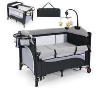 Baby Travel Cot, 5 in 1 Foldable Baby Bedside Sleeper with Bassinet Diaper Changer Mattress Carry Bag Music Box Hanging Toys, Portable Crib Playard Pack and Play for Infant Newborn