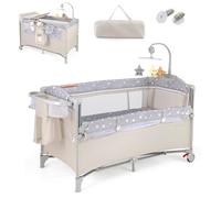 Baby Travel Cot, 5 in 1 Foldable Baby Bedside Sleeper with Bassinet Diaper Changer Mattress Toy Arch Music Box, Detachable Side Rail, Portable Crib Playard Pack and Play for Newborn Infant