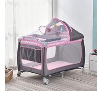 Baby Travel Cot with Mattress 114 x 77cm, 2 in 1 Foldable Baby Crib and Playpen (Birth to 3Y), Portable Infant Nursery Center Playard with Changing Table, Mosquito Net, Wheels, Carry Bag, Grey-Pink