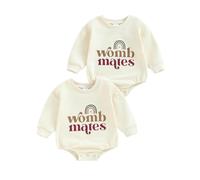 Baby Twins Matching Outfits Unisex Baby Sweatshirt Romper Infant Girl Bodysuit 3-6 Months Letter Print Long Sleeve Jumpsuit 6-12 Months Newborn Boys One-Piece Outfits (Beige, 3-6 Months)