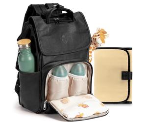 Baby Uma Award-Winning Baby Changing Bag Backpack - Leather-Style for Mum & Dad, Nappy Bag with Insulated Bottle Holders, Multiple Compartments & Changing Mat (Black)