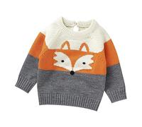 Baby Unisex Oversized Knitted Jumper Girls Boys Cute Fox Pattern Color Block Ribbed Cotton Knit Sweater Party Photo Shoot Pullover Long Sleeve Knitwear Soft Toddler Gift Clothes Outwear Grey