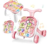 Baby Walker 3in1 Sit-to-Stand Learning Walker Kids Activity Center with Weight Gain Design Table Music Phone Steering Wheel Multifunctional Educational Push Toy forToddlers Boys Girls (Pink01)