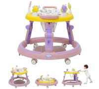 Baby Walker 5in1 Foldable Round Shape Walker Height Adjustable Anti-Rollover Push Along Walkers with Music Center,Silent Wheels,360° Rotatable Cushion for Girls Boys 6-18 Months Pink
