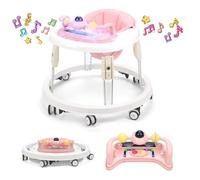 Baby Walker, Foldable Multi-Function Anti-Rollover Walker with Music Tray & Light, 7 Level Height Adjustable, Baby Walkers for 1 Year Olds Suitable for All Terrains (Pink)