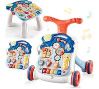 Baby Walker Push Along 3 in 1 Sit-to-Stand Learning Walker Kids Activity Center with Removable Play Panel Music Phone Multifunction Educational Motor Skills Toy for Toddlers Boys Girls