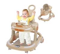Baby Walker with Push Handle and Floor Mat, Anti-Collision Design and 5 Height Adjustment, Learning Walker with Removable Game Table, Dinner Plate and Brake for Baby Toddler