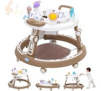 Baby Walker with Toys, Footrest, 6 Wheels, Rotating Cushion, 360 Degree Mute Switch, Foldable Storage, Children from 6 Months, Brown