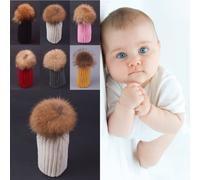 Baby Warm Winter Knit Beanie Raccoon Fur Pom Bobble Hat Crochet Ski Cap