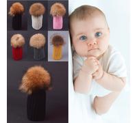 Baby Warm Winter Knit Beanie Raccoon Fur Pom Bobble Hat Crochet Ski Cap