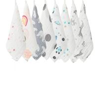 Baby Washcloths Muslin Cloths - Muslin Squares hanky Ultra Soft Newborn Face Towels 8Pack Bamboo Cotton 10"X10" 4Layers Reusable Baby Wash Cloths for Boys Girls (Send 5 kinds of patterns randomly)