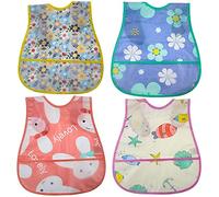 Baby Waterproof Bib with Crumb Catcher Pocket， Comfortable Soft Adjustable Snaps Feeding Bibs for Infants and Toddlers - Red - Medium